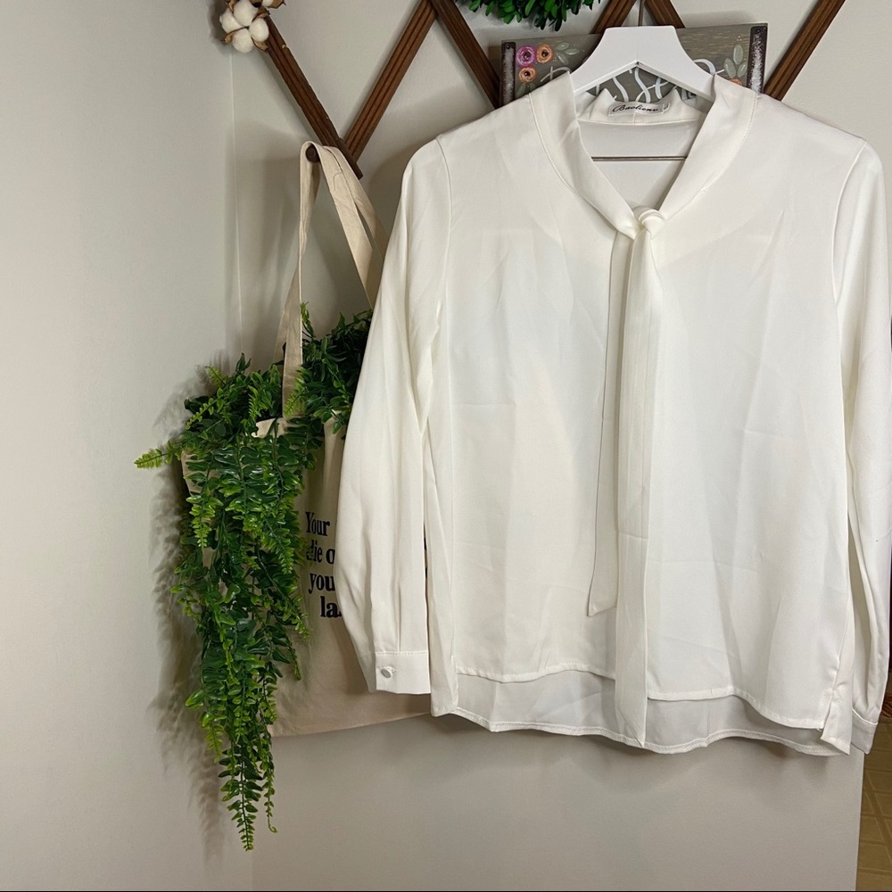 BAOLIENU Cream Tie Neck Blouse Large